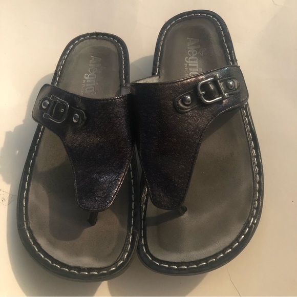 Alegria women’s leather Vanessa Sandal Black metallic sandal Sz 38 - Picture 1 of 6